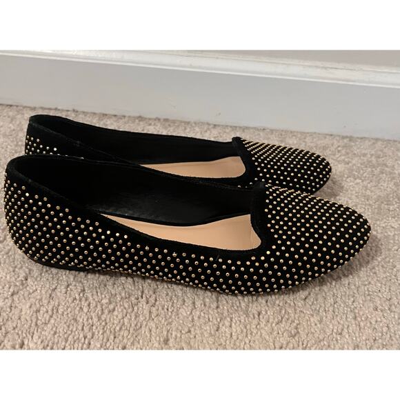 Loeffler Randall Studded Leather Slip On Almond Toe Flats Shoes Black/Gold Sz 9 - Picture 5 of 12
